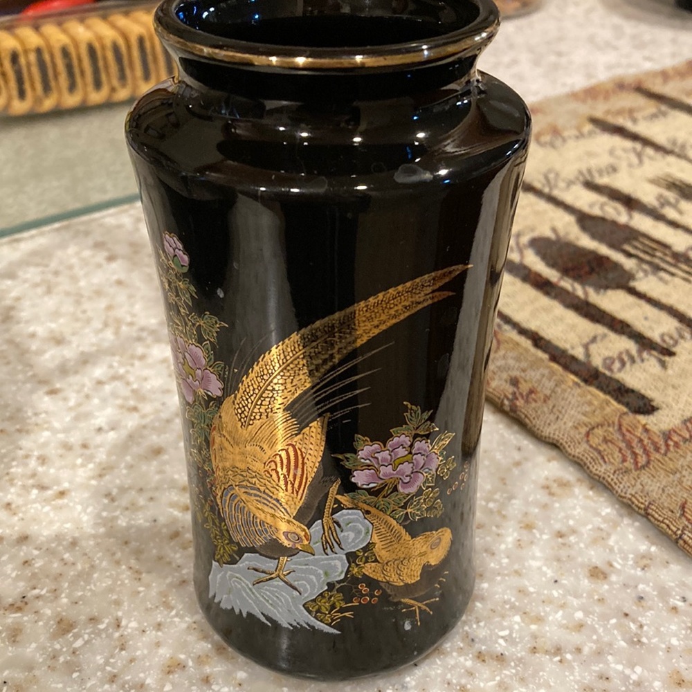 Japanese Black Glazed Ceramic Vase W/Gold Gilding